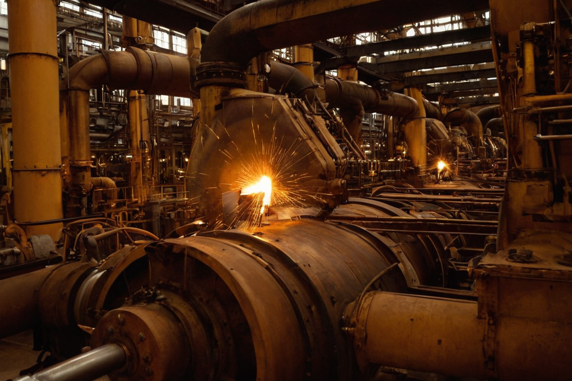Große industrielle Maschinen mit Funken und rauchigen Rohren in einer Fabrik.