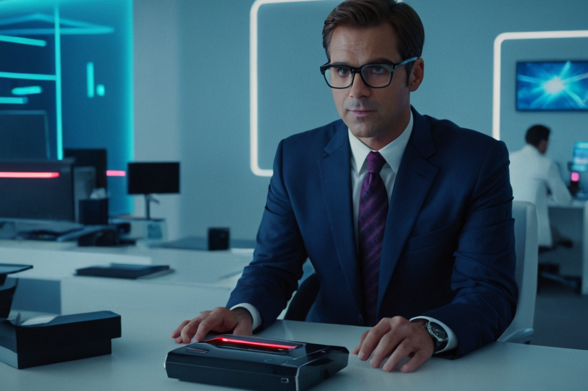Mann in Anzug mit Brille sitzt an Schreibtisch mit moderner Technologie um ihn herum.