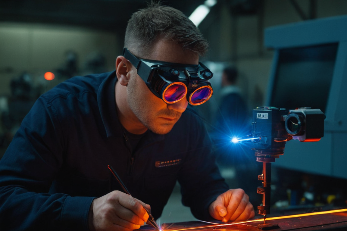 Mann mit Schutzbrille arbeitet an einer metallischen Oberfläche mit einem Laser in der Nähe.